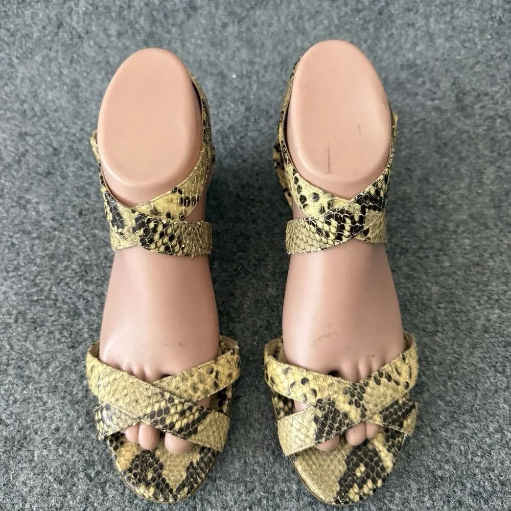 Jimmy Choo Connor Tan Snake Print Ankle Strap Low Wedge Sandals EU 37.5 US 7.5